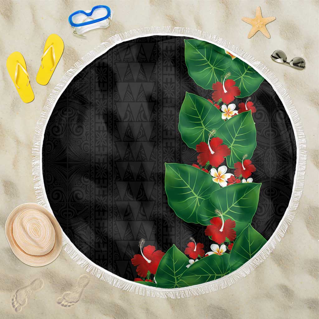 Hawaiian Taro Leaves-Hibiscus and Plumeria Beach Blanket Polynesian Art-Kakau Tattoo Black