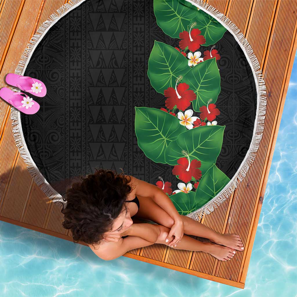 Hawaiian Taro Leaves-Hibiscus and Plumeria Beach Blanket Polynesian Art-Kakau Tattoo Black