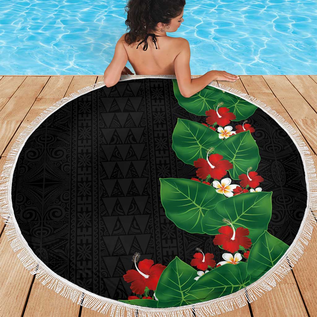 Hawaiian Taro Leaves-Hibiscus and Plumeria Beach Blanket Polynesian Art-Kakau Tattoo Black