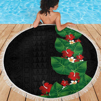 Hawaiian Taro Leaves-Hibiscus and Plumeria Beach Blanket Polynesian Art-Kakau Tattoo Black