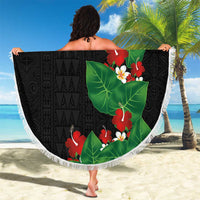 Hawaiian Taro Leaves-Hibiscus and Plumeria Beach Blanket Polynesian Art-Kakau Tattoo Black