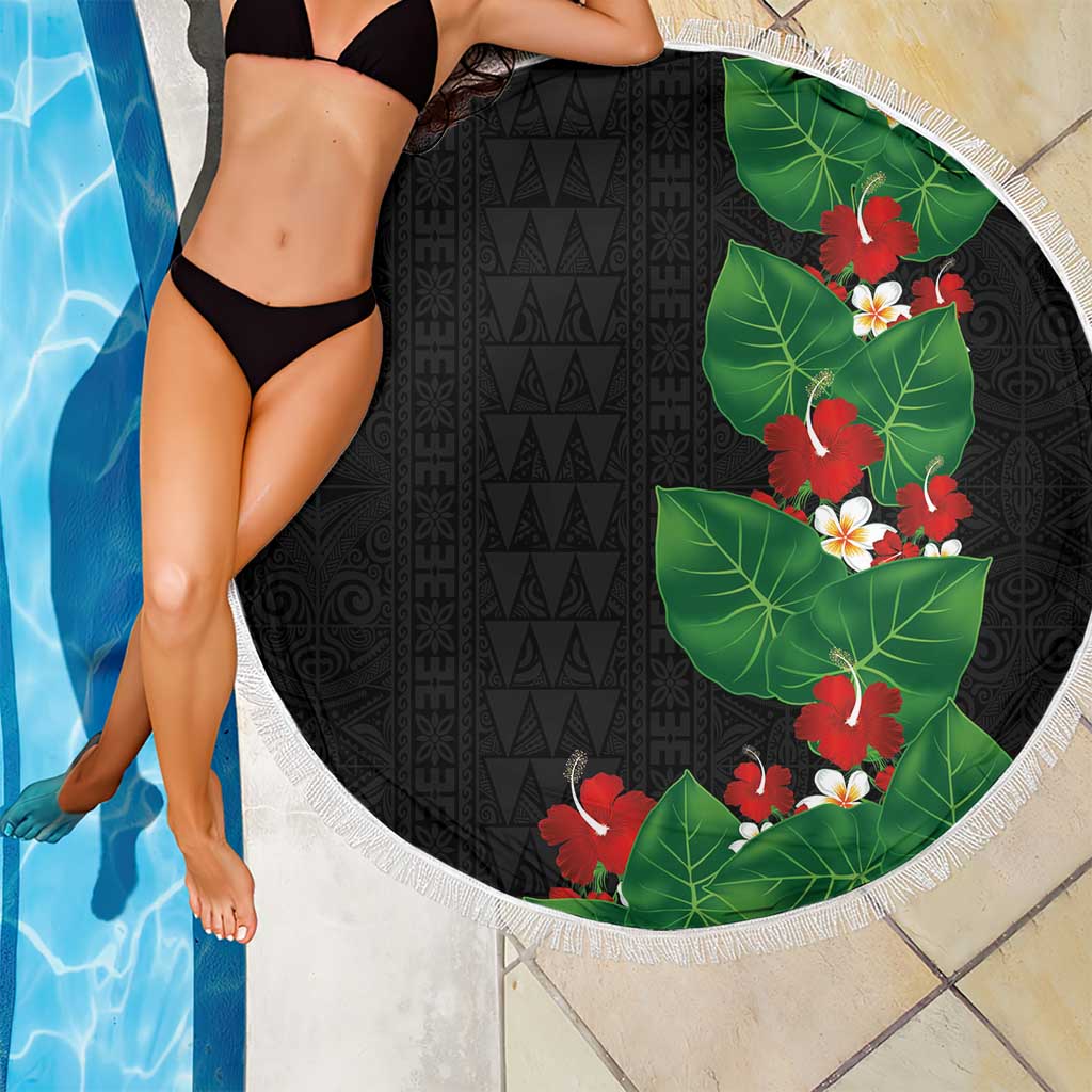 Hawaiian Taro Leaves-Hibiscus and Plumeria Beach Blanket Polynesian Art-Kakau Tattoo Black