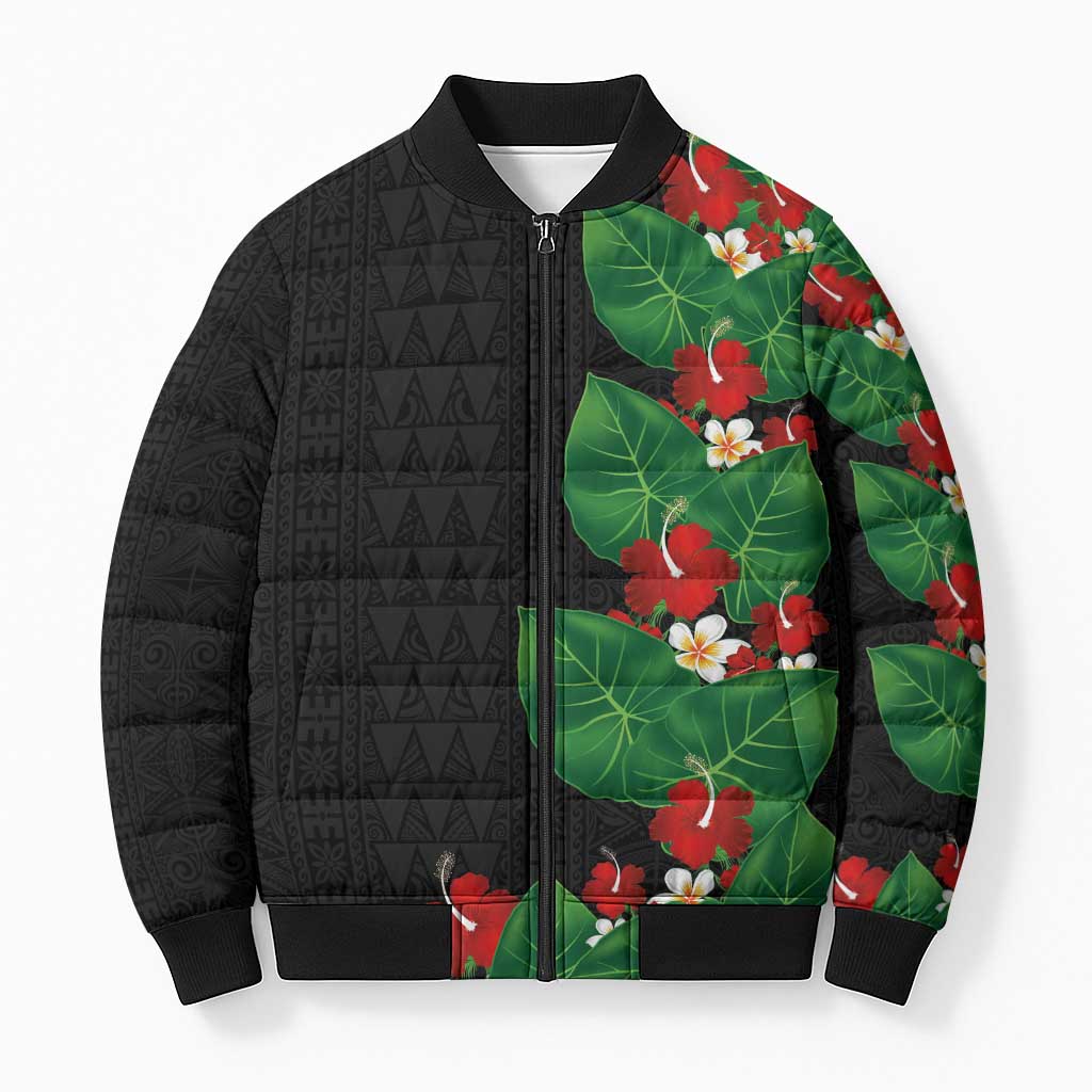 Hawaiian Taro Leaves-Hibiscus and Plumeria Bomber Puffer Jacket Polynesian Art-Kakau Tattoo Black LT03 Unisex Black - Polynesian Pride