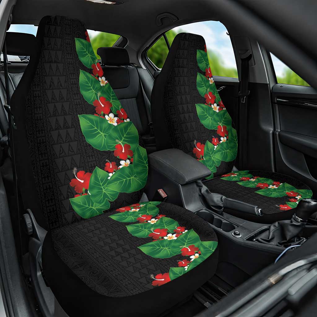 Hawaiian Taro Leaves-Hibiscus and Plumeria Car Seat Cover Polynesian Art-Kakau Tattoo Black