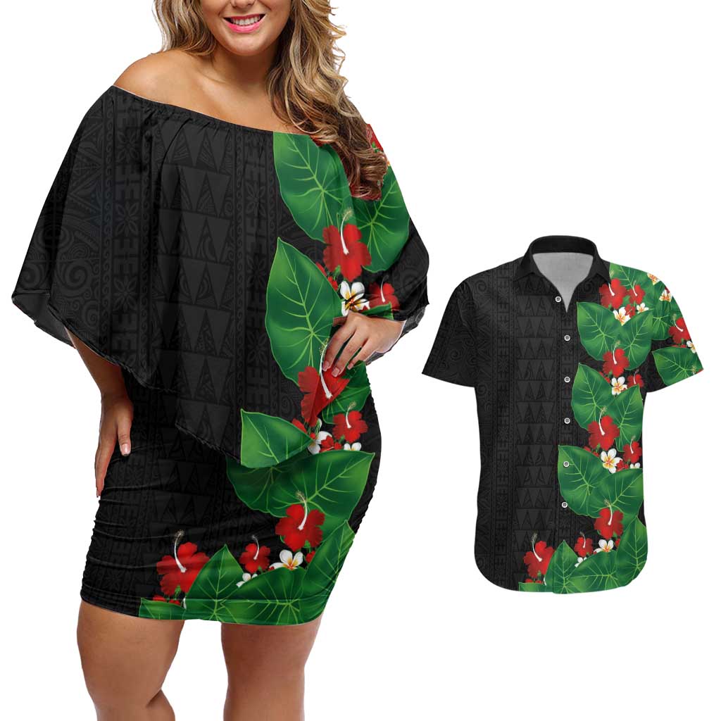 Hawaiian Taro Leaves-Hibiscus and Plumeria Couples Matching Off Shoulder Short Dress and Hawaiian Shirt Polynesian Art-Kakau Tattoo Black LT03 Black - Polynesian Pride