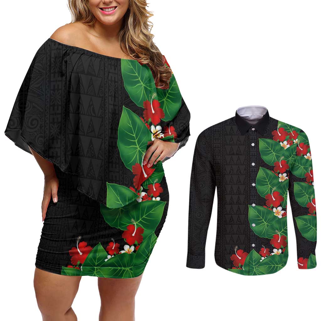Hawaiian Taro Leaves-Hibiscus and Plumeria Couples Matching Off Shoulder Short Dress and Long Sleeve Button Shirt Polynesian Art-Kakau Tattoo Black