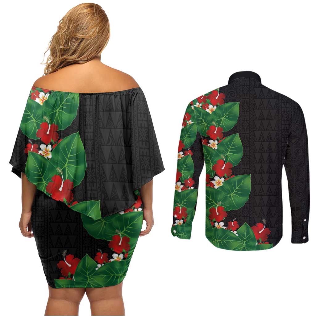Hawaiian Taro Leaves-Hibiscus and Plumeria Couples Matching Off Shoulder Short Dress and Long Sleeve Button Shirt Polynesian Art-Kakau Tattoo Black