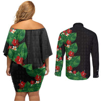Hawaiian Taro Leaves-Hibiscus and Plumeria Couples Matching Off Shoulder Short Dress and Long Sleeve Button Shirt Polynesian Art-Kakau Tattoo Black