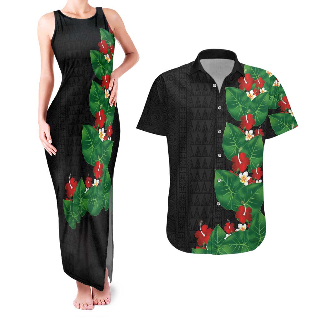 Hawaiian Taro Leaves-Hibiscus and Plumeria Couples Matching Tank Maxi Dress and Hawaiian Shirt Polynesian Art-Kakau Tattoo Black
