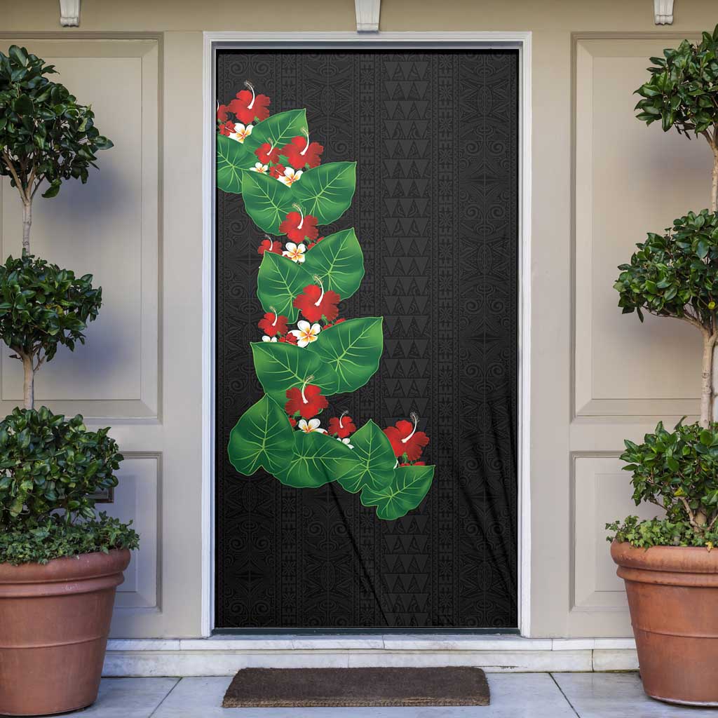 Hawaiian Taro Leaves-Hibiscus and Plumeria Door Cover Polynesian Art-Kakau Tattoo Black