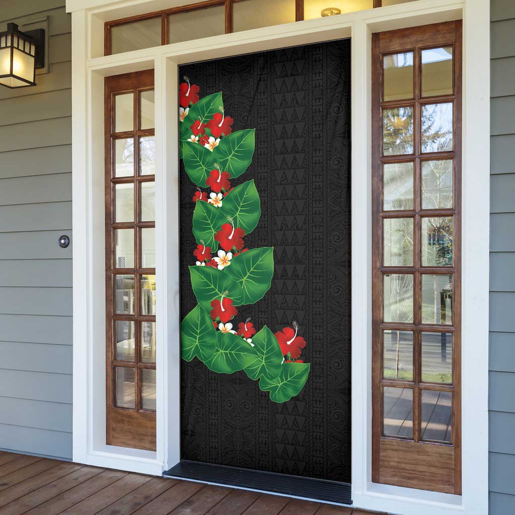 Hawaiian Taro Leaves-Hibiscus and Plumeria Door Cover Polynesian Art-Kakau Tattoo Black