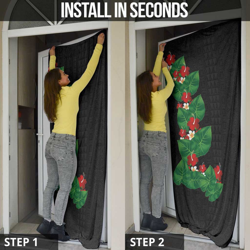 Hawaiian Taro Leaves-Hibiscus and Plumeria Door Cover Polynesian Art-Kakau Tattoo Black