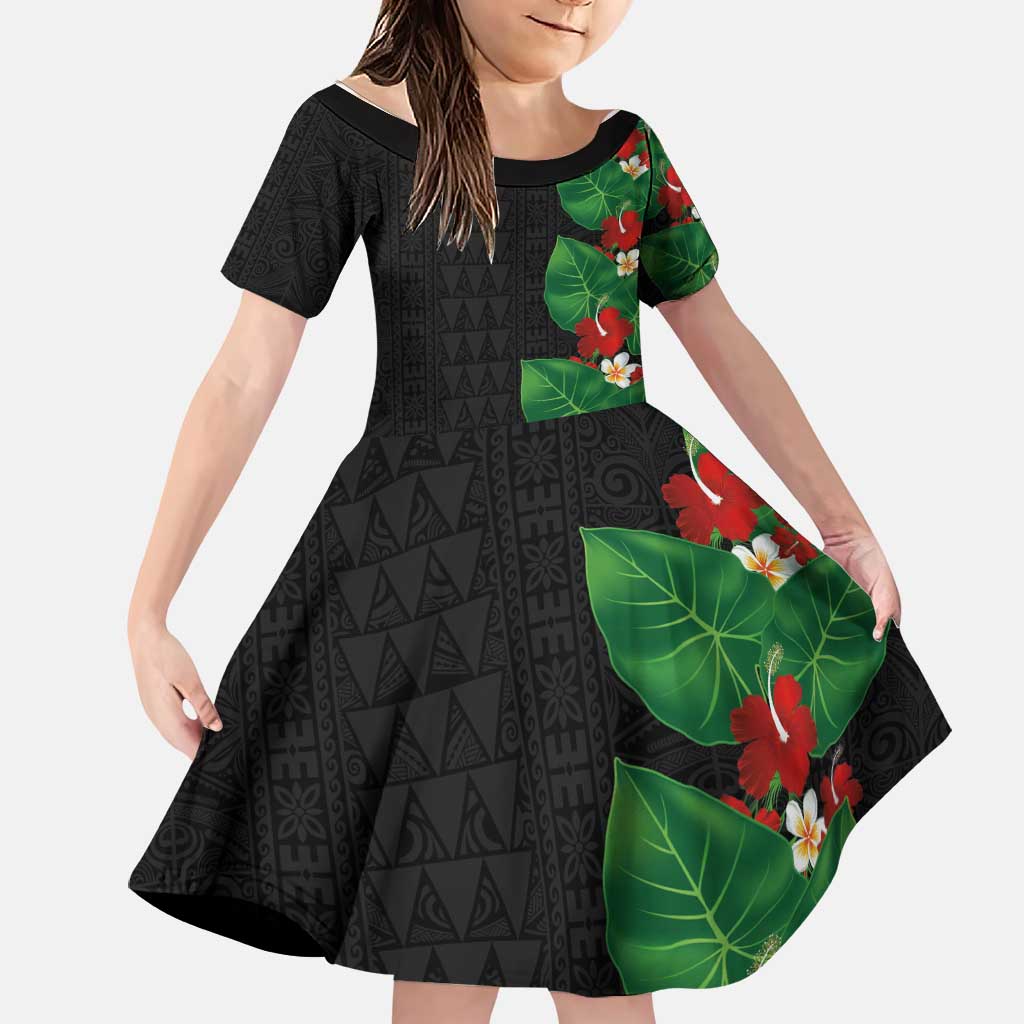 Hawaiian Taro Leaves-Hibiscus and Plumeria Family Matching Off Shoulder Short Dress and Hawaiian Shirt Polynesian Art-Kakau Tattoo Black