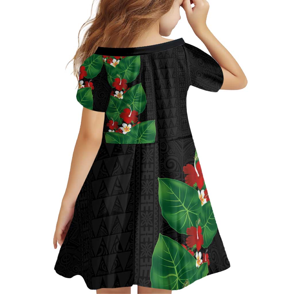 Hawaiian Taro Leaves-Hibiscus and Plumeria Family Matching Off Shoulder Short Dress and Hawaiian Shirt Polynesian Art-Kakau Tattoo Black