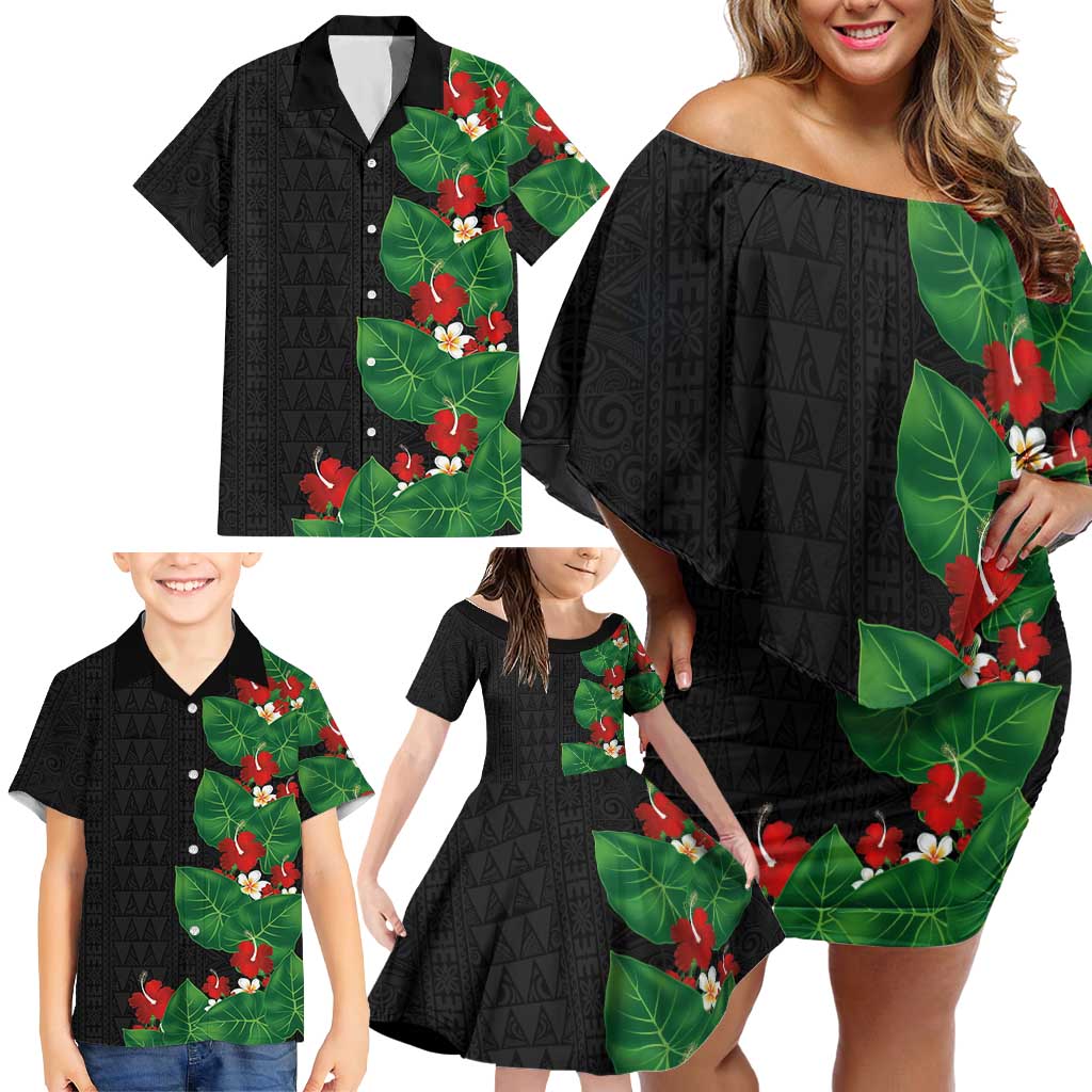 Hawaiian Taro Leaves-Hibiscus and Plumeria Family Matching Off Shoulder Short Dress and Hawaiian Shirt Polynesian Art-Kakau Tattoo Black