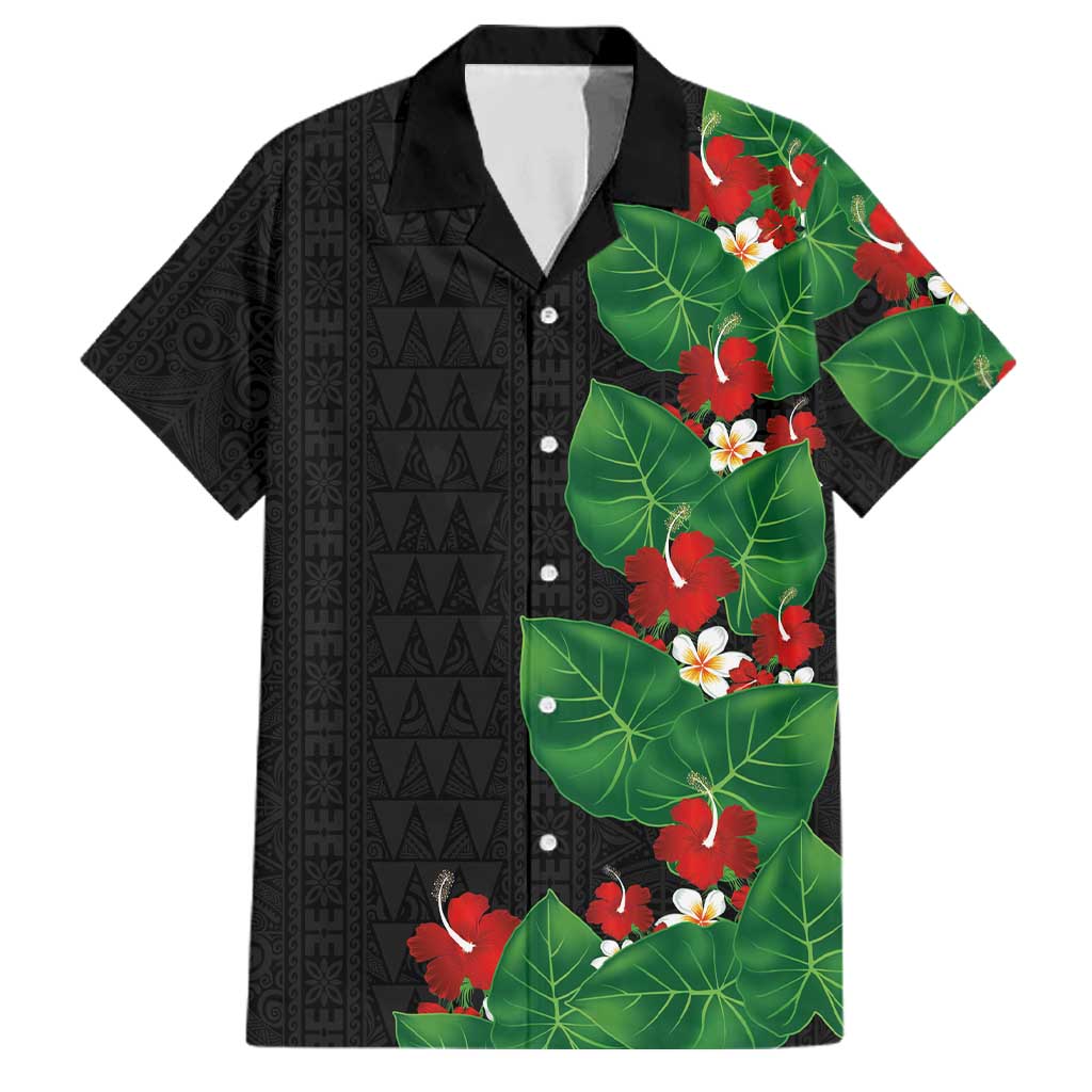 Hawaiian Taro Leaves-Hibiscus and Plumeria Family Matching Off Shoulder Short Dress and Hawaiian Shirt Polynesian Art-Kakau Tattoo Black
