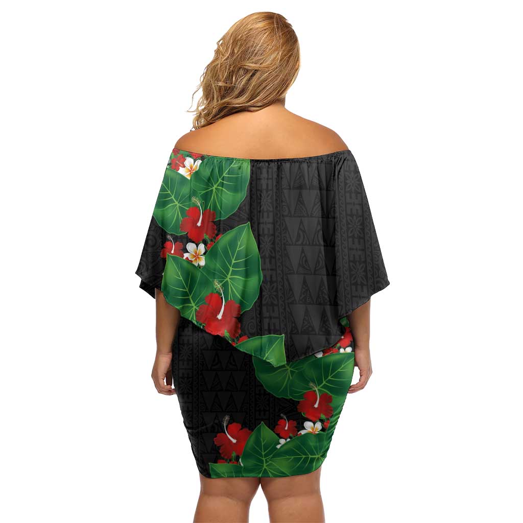 Hawaiian Taro Leaves-Hibiscus and Plumeria Family Matching Off Shoulder Short Dress and Hawaiian Shirt Polynesian Art-Kakau Tattoo Black