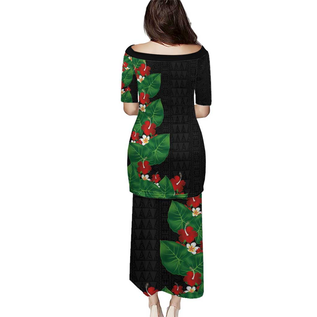 Hawaiian Taro Leaves-Hibiscus and Plumeria Family Matching Puletasi and Hawaiian Shirt Polynesian Art-Kakau Tattoo Black