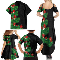 Hawaiian Taro Leaves-Hibiscus and Plumeria Family Matching Summer Maxi Dress and Hawaiian Shirt Polynesian Art-Kakau Tattoo Black