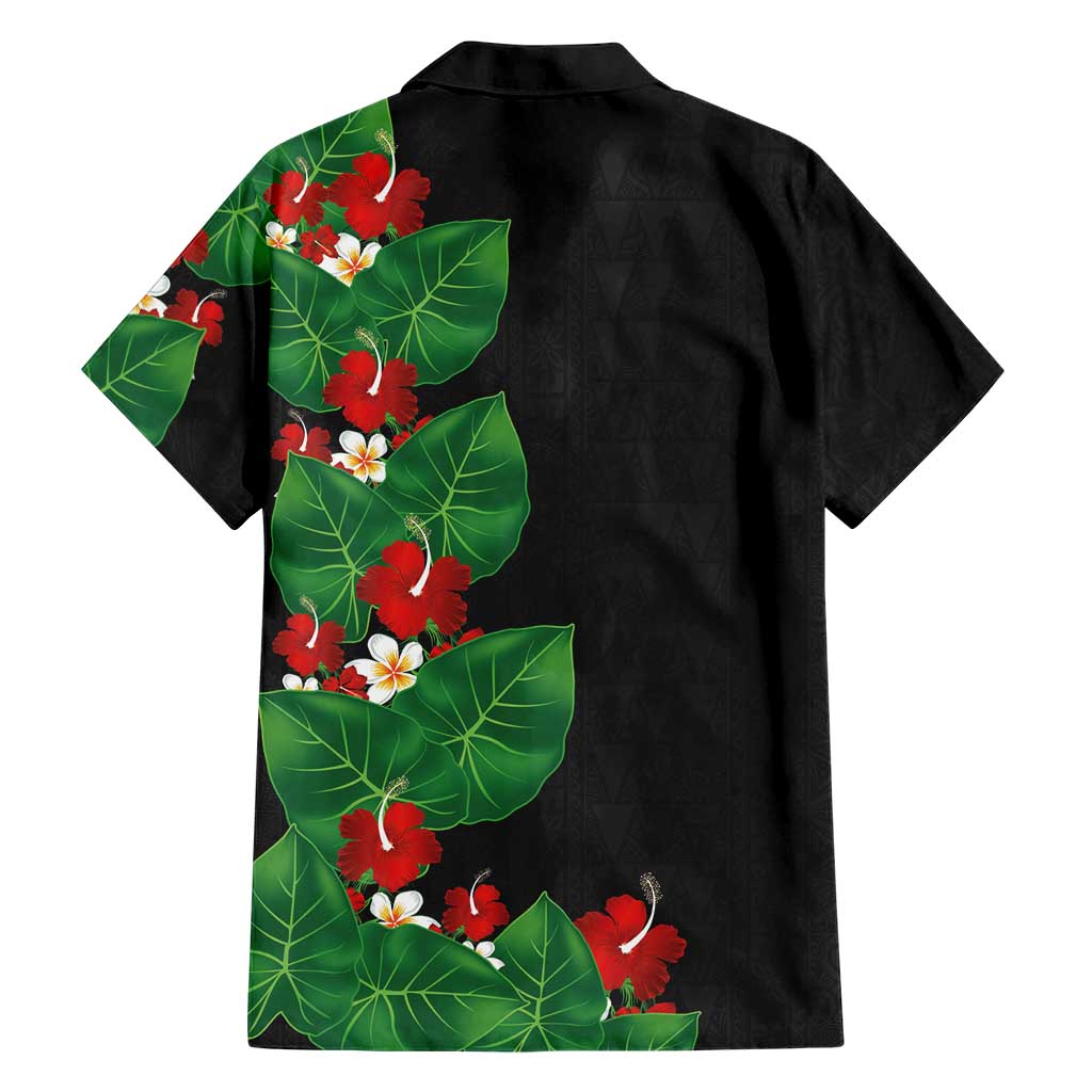 Hawaiian Taro Leaves-Hibiscus and Plumeria Family Matching Summer Maxi Dress and Hawaiian Shirt Polynesian Art-Kakau Tattoo Black