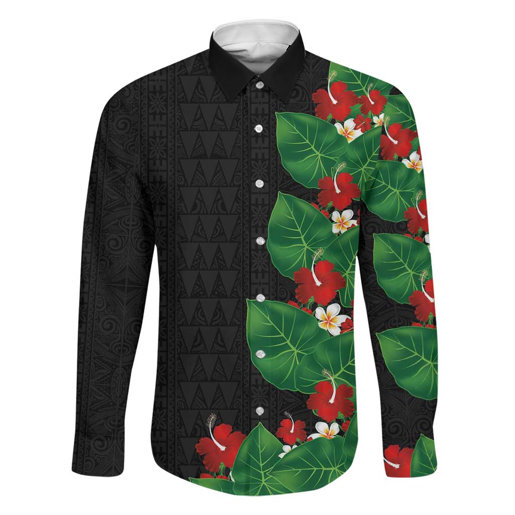 Hawaiian Taro Leaves-Hibiscus and Plumeria Family Matching Summer Maxi Dress and Hawaiian Shirt Polynesian Art-Kakau Tattoo Black