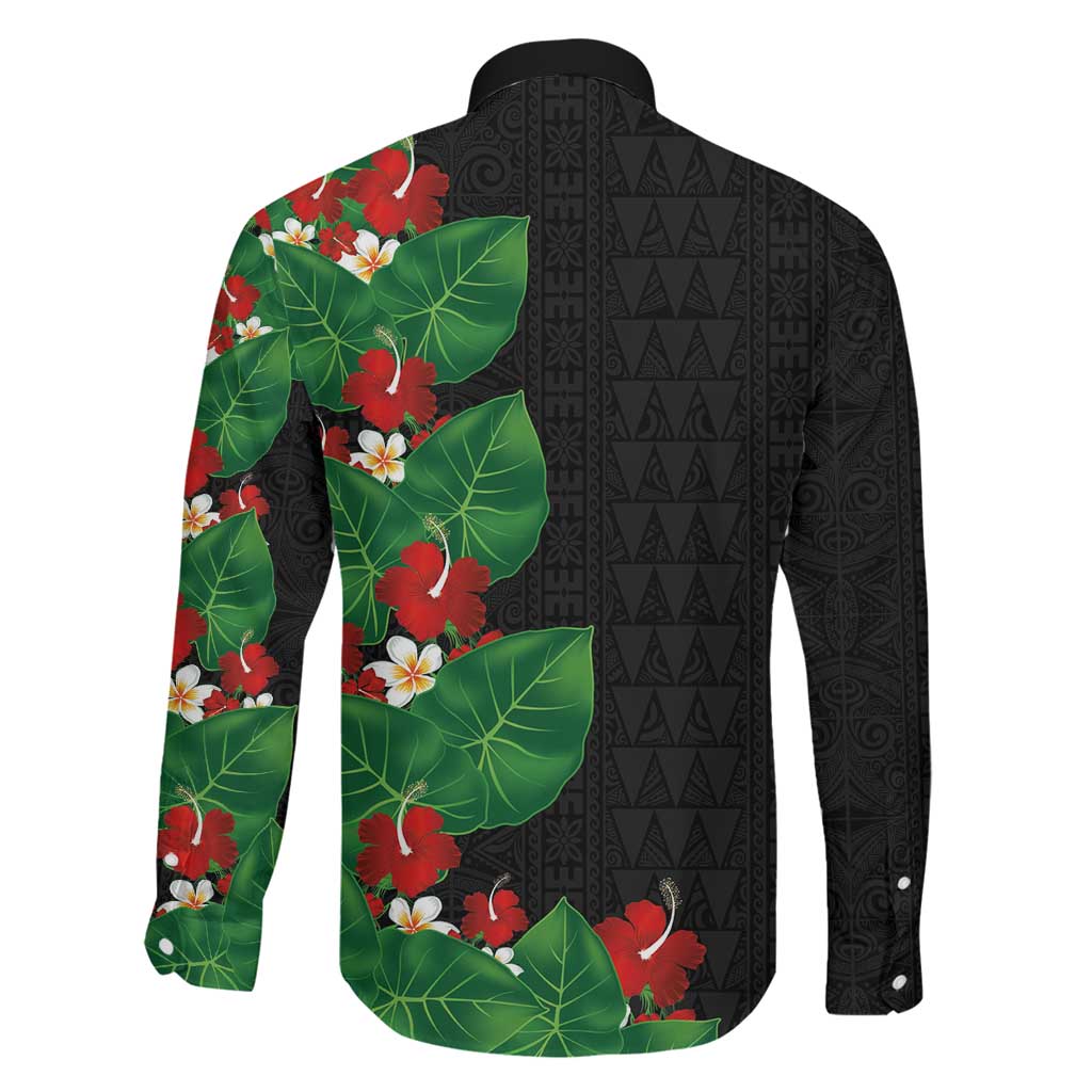 Hawaiian Taro Leaves-Hibiscus and Plumeria Family Matching Summer Maxi Dress and Hawaiian Shirt Polynesian Art-Kakau Tattoo Black