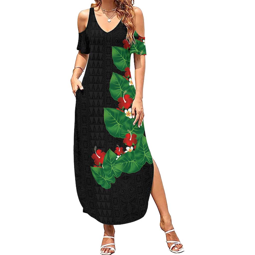 Hawaiian Taro Leaves-Hibiscus and Plumeria Family Matching Summer Maxi Dress and Hawaiian Shirt Polynesian Art-Kakau Tattoo Black