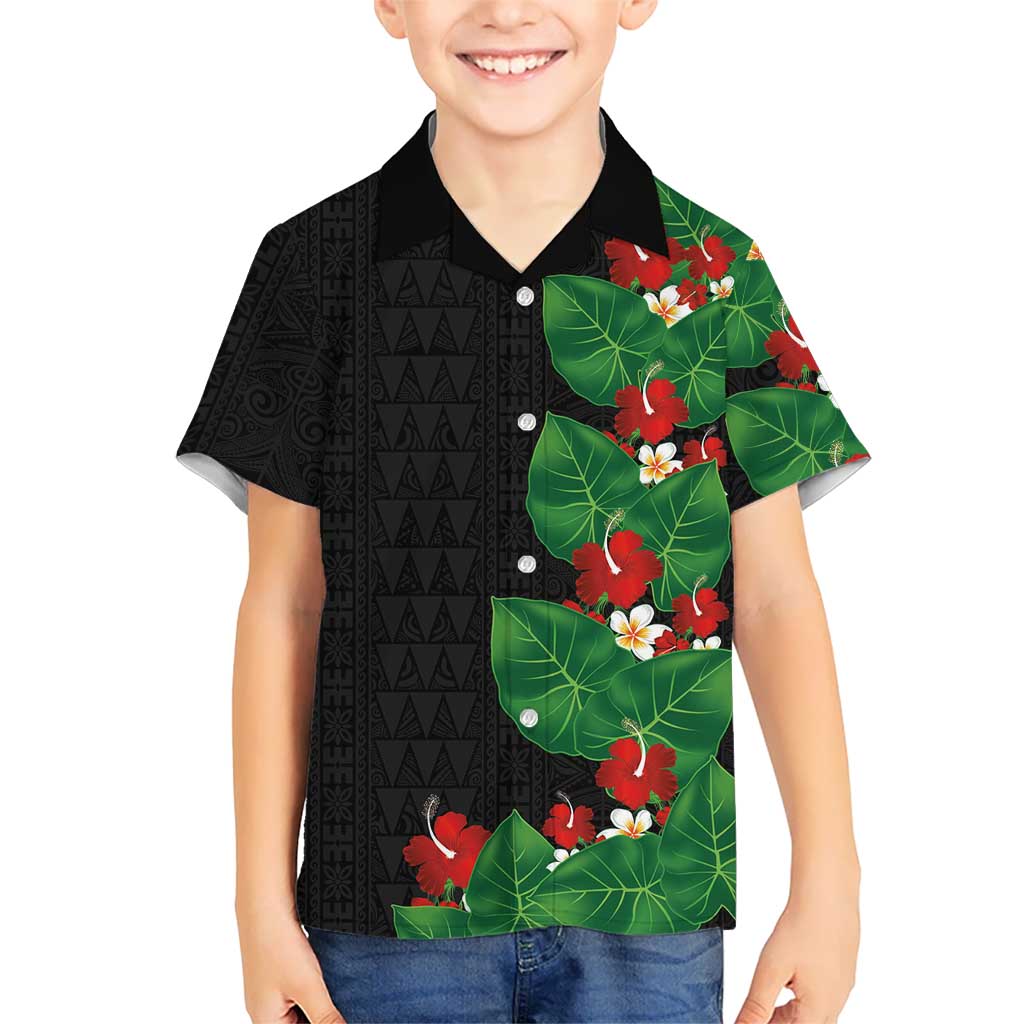 Hawaiian Taro Leaves-Hibiscus and Plumeria Family Matching Summer Maxi Dress and Hawaiian Shirt Polynesian Art-Kakau Tattoo Black