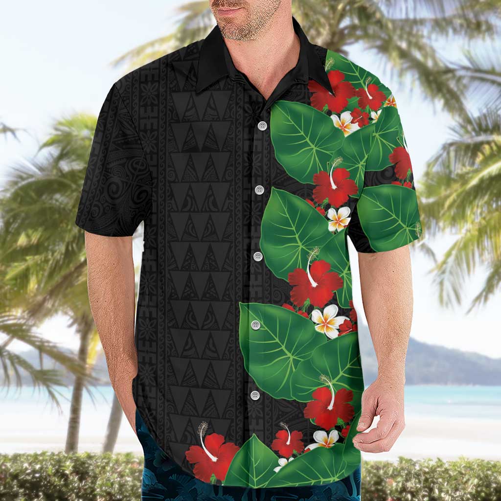 Hawaiian Taro Leaves-Hibiscus and Plumeria Hawaiian Shirt Polynesian Art-Kakau Tattoo Black