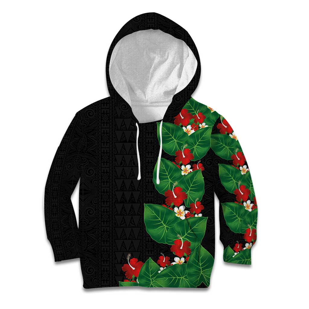 Hawaiian Taro Leaves-Hibiscus and Plumeria Kid Hoodie Polynesian Art-Kakau Tattoo Black
