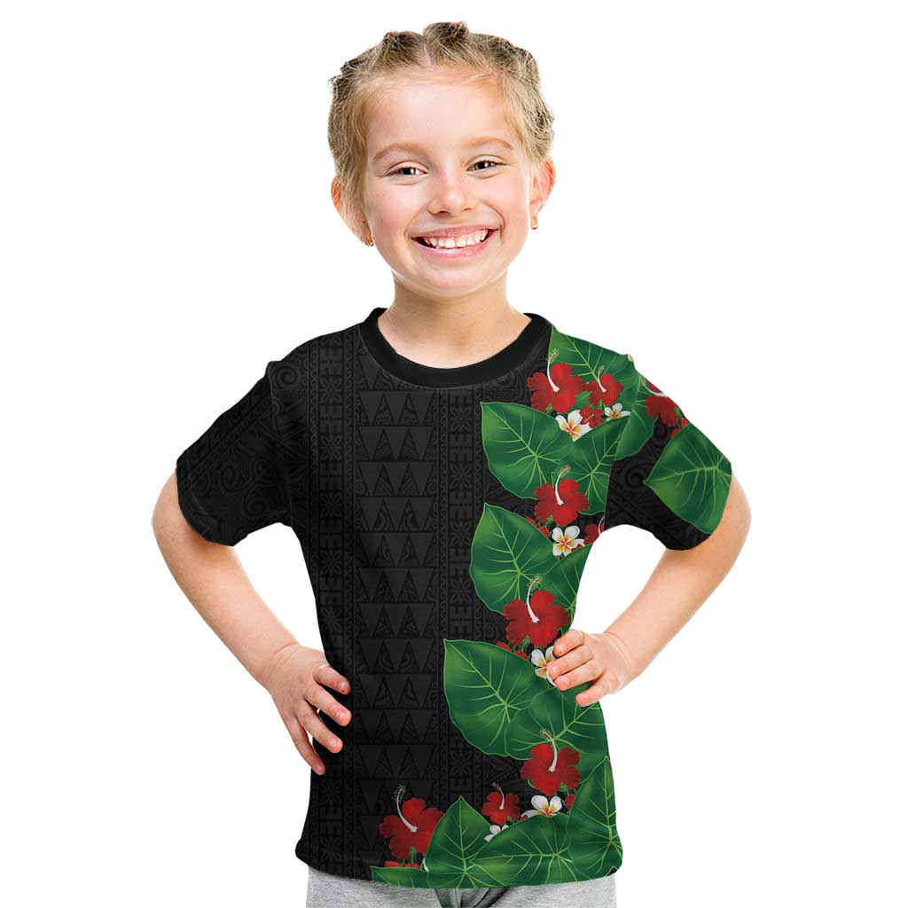 Hawaiian Taro Leaves-Hibiscus and Plumeria Kid T Shirt Polynesian Art-Kakau Tattoo Black