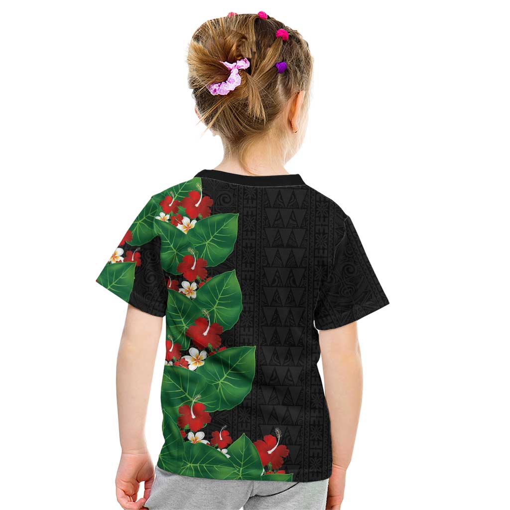 Hawaiian Taro Leaves-Hibiscus and Plumeria Kid T Shirt Polynesian Art-Kakau Tattoo Black