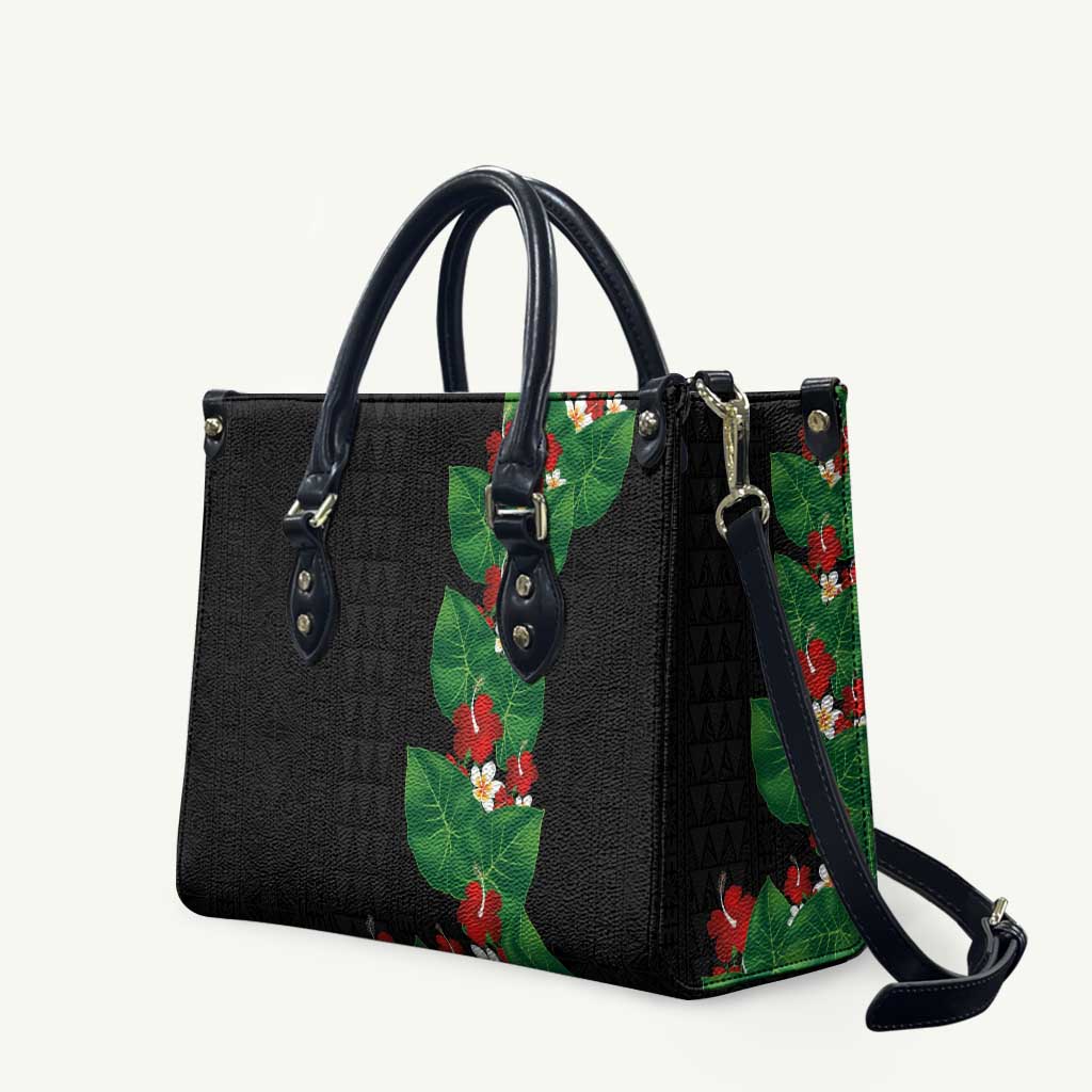 Hawaiian Taro Leaves-Hibiscus and Plumeria Leather Bag Polynesian Art-Kakau Tattoo Black