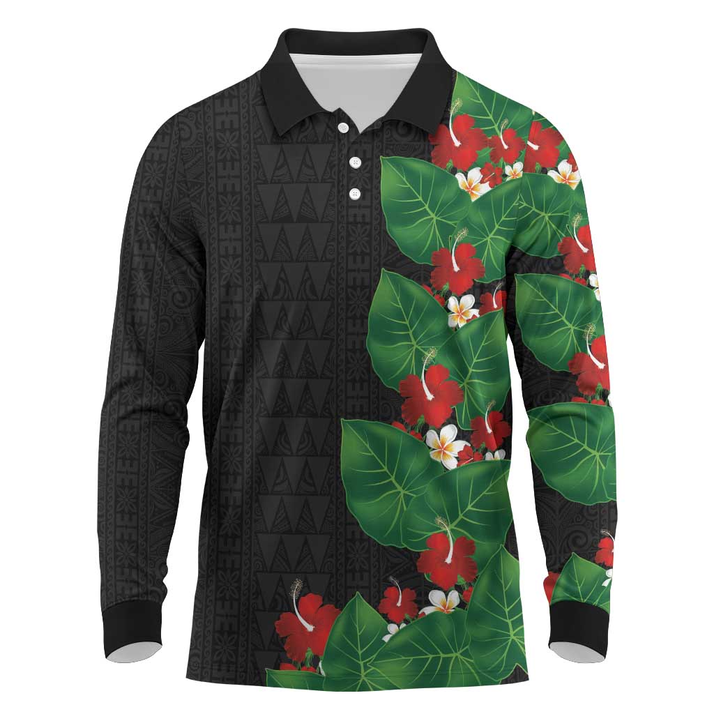 Hawaiian Taro Leaves-Hibiscus and Plumeria Long Sleeve Polo Shirt Polynesian Art-Kakau Tattoo Black