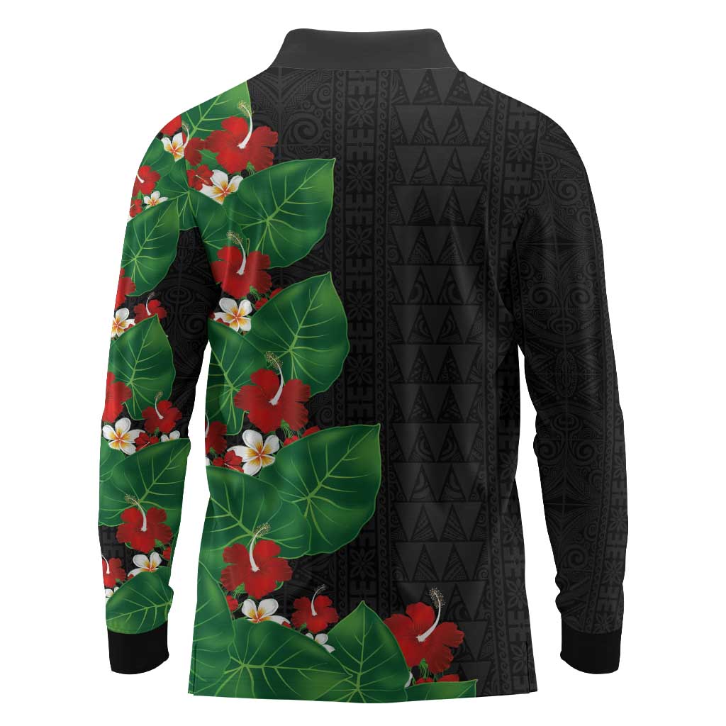 Hawaiian Taro Leaves-Hibiscus and Plumeria Long Sleeve Polo Shirt Polynesian Art-Kakau Tattoo Black