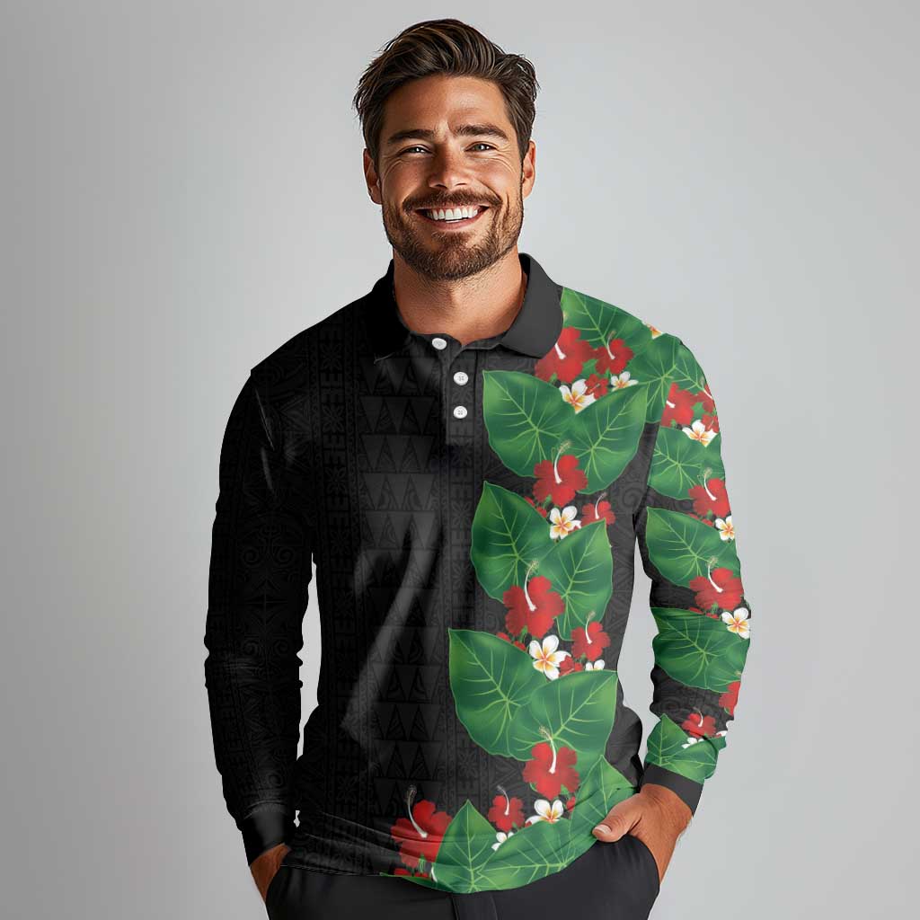 Hawaiian Taro Leaves-Hibiscus and Plumeria Long Sleeve Polo Shirt Polynesian Art-Kakau Tattoo Black