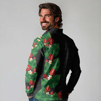 Hawaiian Taro Leaves-Hibiscus and Plumeria Long Sleeve Polo Shirt Polynesian Art-Kakau Tattoo Black