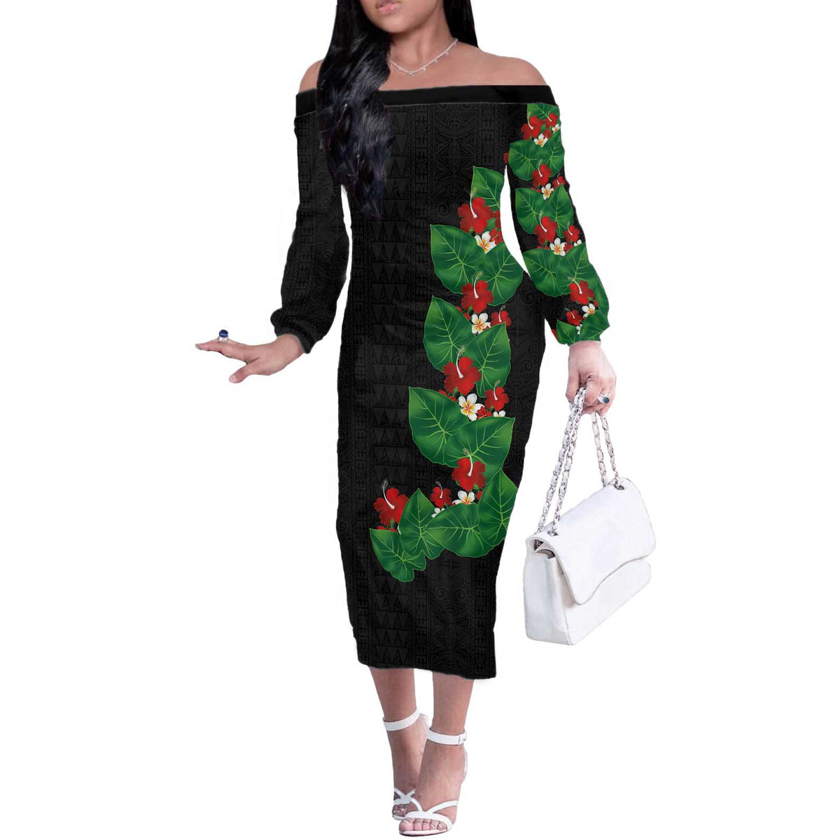 Hawaiian Taro Leaves-Hibiscus and Plumeria Off The Shoulder Long Sleeve Dress Polynesian Art-Kakau Tattoo Black
