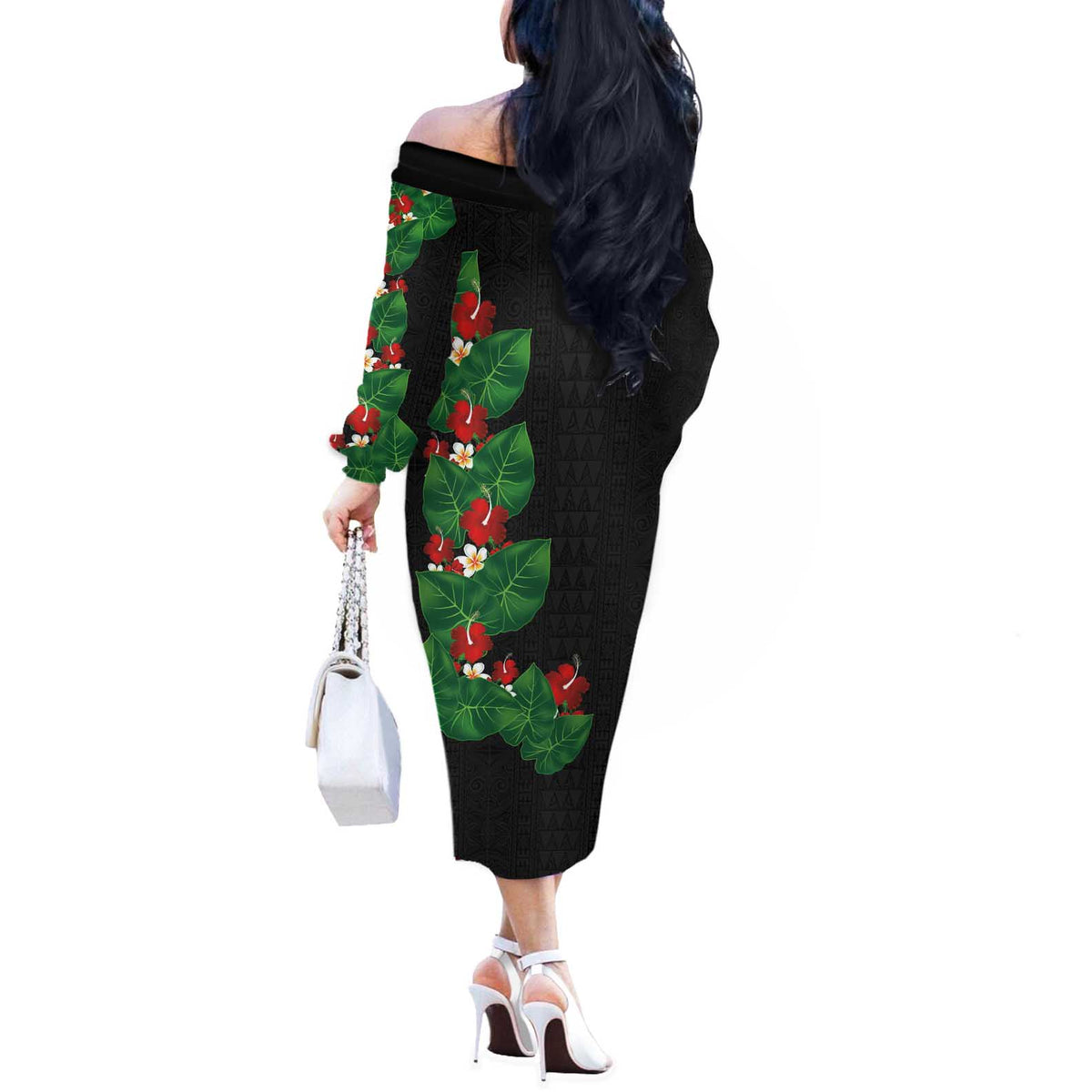 Hawaiian Taro Leaves-Hibiscus and Plumeria Off The Shoulder Long Sleeve Dress Polynesian Art-Kakau Tattoo Black