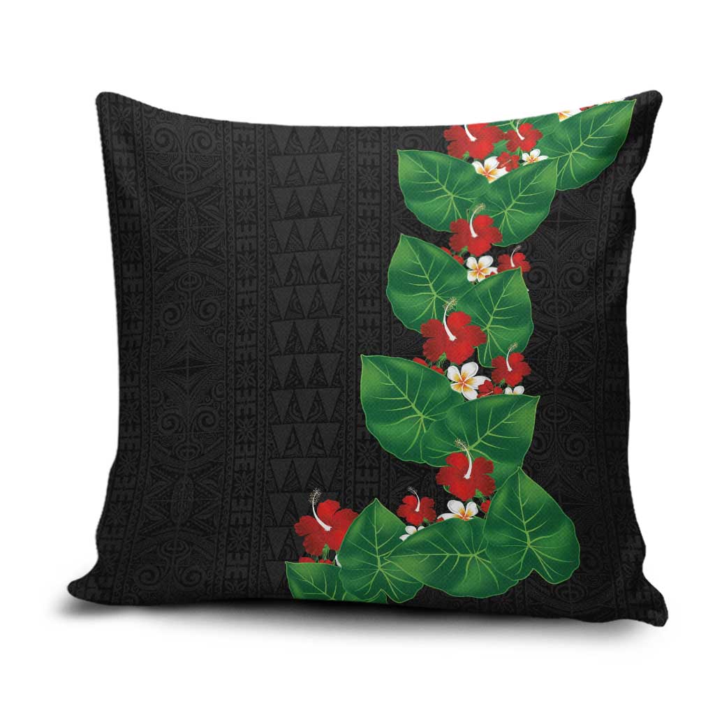 Hawaiian Taro Leaves-Hibiscus and Plumeria Pillow Cover Polynesian Art-Kakau Tattoo Black
