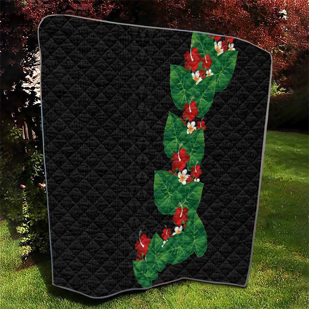 Hawaiian Taro Leaves-Hibiscus and Plumeria Quilt Polynesian Art-Kakau Tattoo Black