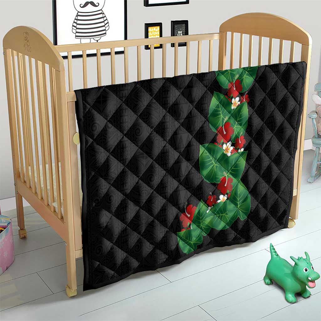 Hawaiian Taro Leaves-Hibiscus and Plumeria Quilt Polynesian Art-Kakau Tattoo Black