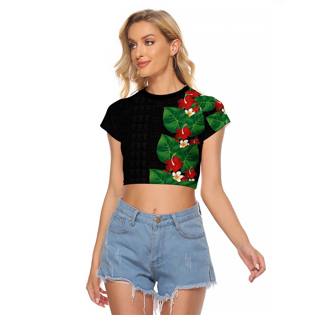 Hawaiian Taro Leaves-Hibiscus and Plumeria Raglan Cropped T Shirt Polynesian Art-Kakau Tattoo Black