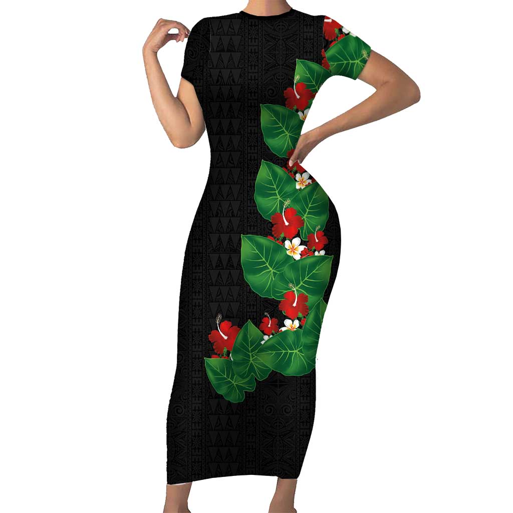 Hawaiian Taro Leaves-Hibiscus and Plumeria Short Sleeve Bodycon Dress Polynesian Art-Kakau Tattoo Black