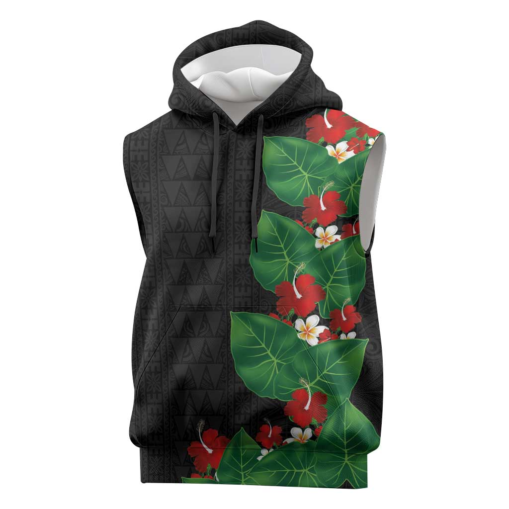 Hawaiian Taro Leaves-Hibiscus and Plumeria Sleeveless Hoodie Polynesian Art-Kakau Tattoo Black
