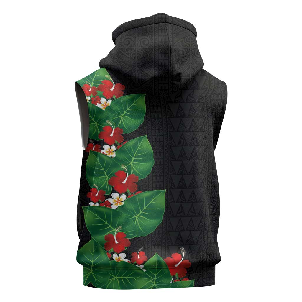 Hawaiian Taro Leaves-Hibiscus and Plumeria Sleeveless Hoodie Polynesian Art-Kakau Tattoo Black