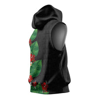 Hawaiian Taro Leaves-Hibiscus and Plumeria Sleeveless Hoodie Polynesian Art-Kakau Tattoo Black
