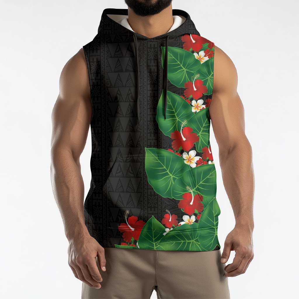 Hawaiian Taro Leaves-Hibiscus and Plumeria Sleeveless Hoodie Polynesian Art-Kakau Tattoo Black