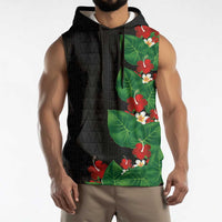 Hawaiian Taro Leaves-Hibiscus and Plumeria Sleeveless Hoodie Polynesian Art-Kakau Tattoo Black