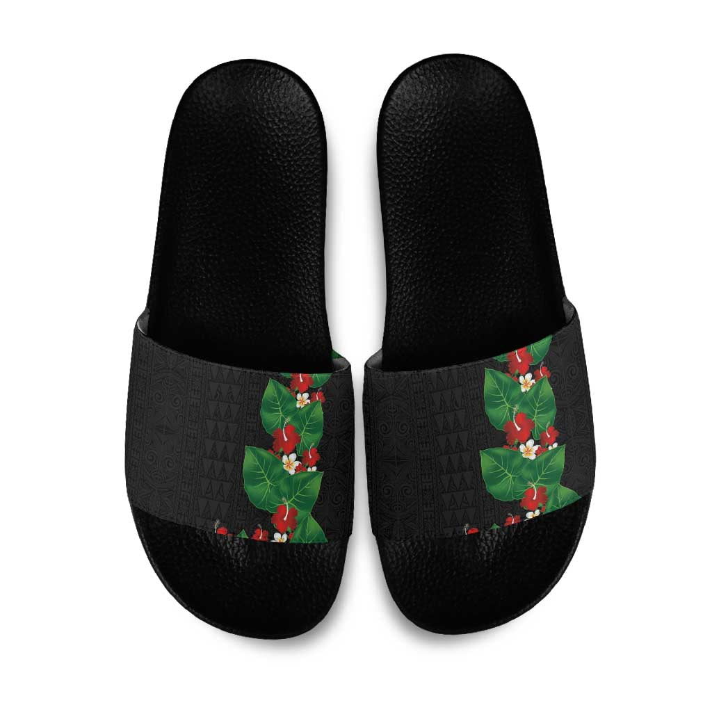 Hawaiian Taro Leaves-Hibiscus and Plumeria Slide Sandals Polynesian Art-Kakau Tattoo Black